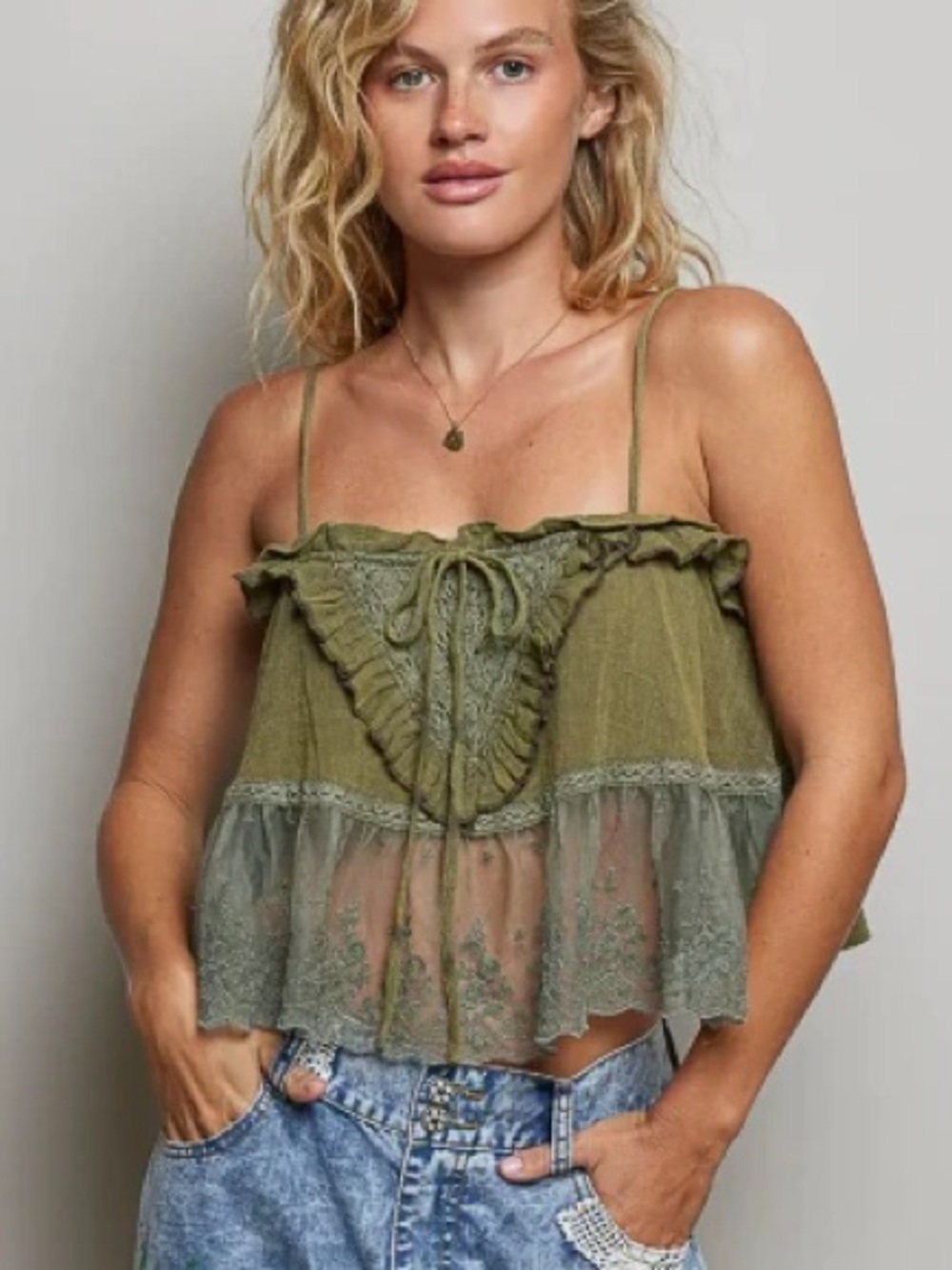 POL Olive Green Lace-Trim Camisole Top